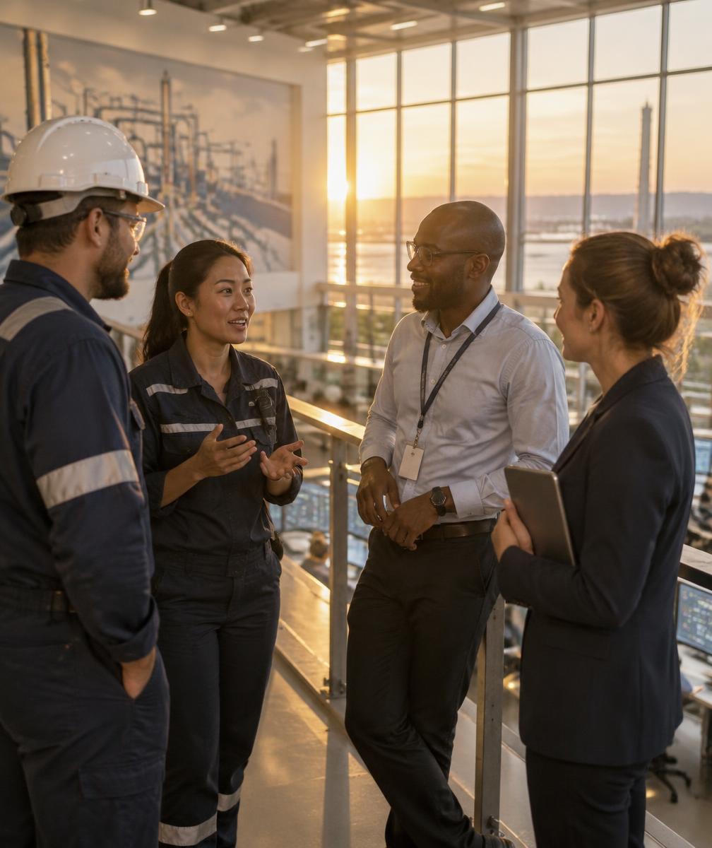 Suppliers, engineers and industry professionals in conversation at an energy facility